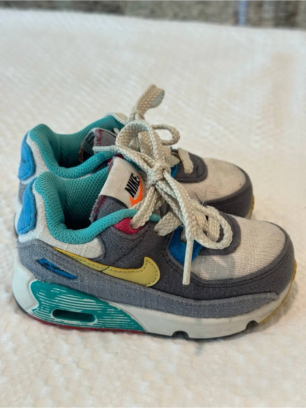 Nike Kids Turquoise, Gray & White Lace-Up Sneakers with Orange Swoosh